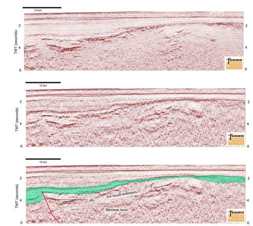 Part of a regional line showing the improvements in imaging gained from reprocessing of legacy seismic data. The top image shows the result of the original 1990s processing.